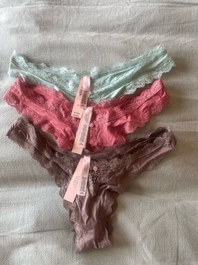 Victoria's Secret Lace-Trim Bikini Panty Set - Mint, Rose, Taupe